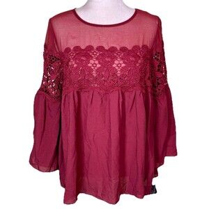Women’s Burgundy Romantic Lace Top Flowy Babydoll Bell Sleeves Keyhole Sz Lg NEW